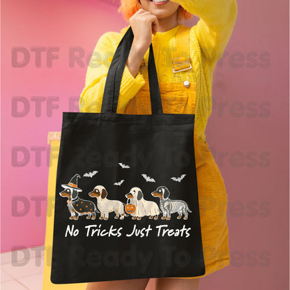 Halloween Dachshund DTF Transfer Ready to Press No Tricks Just Treats Heat Transfer For Shirts Skeleton Ghost Mummy Wiener Dog Spooky Print