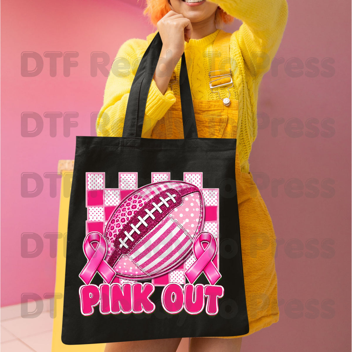 Pink Out DTF Transfers, Breast Cancer Awareness Football Pink Ribbon Support Ready to Press