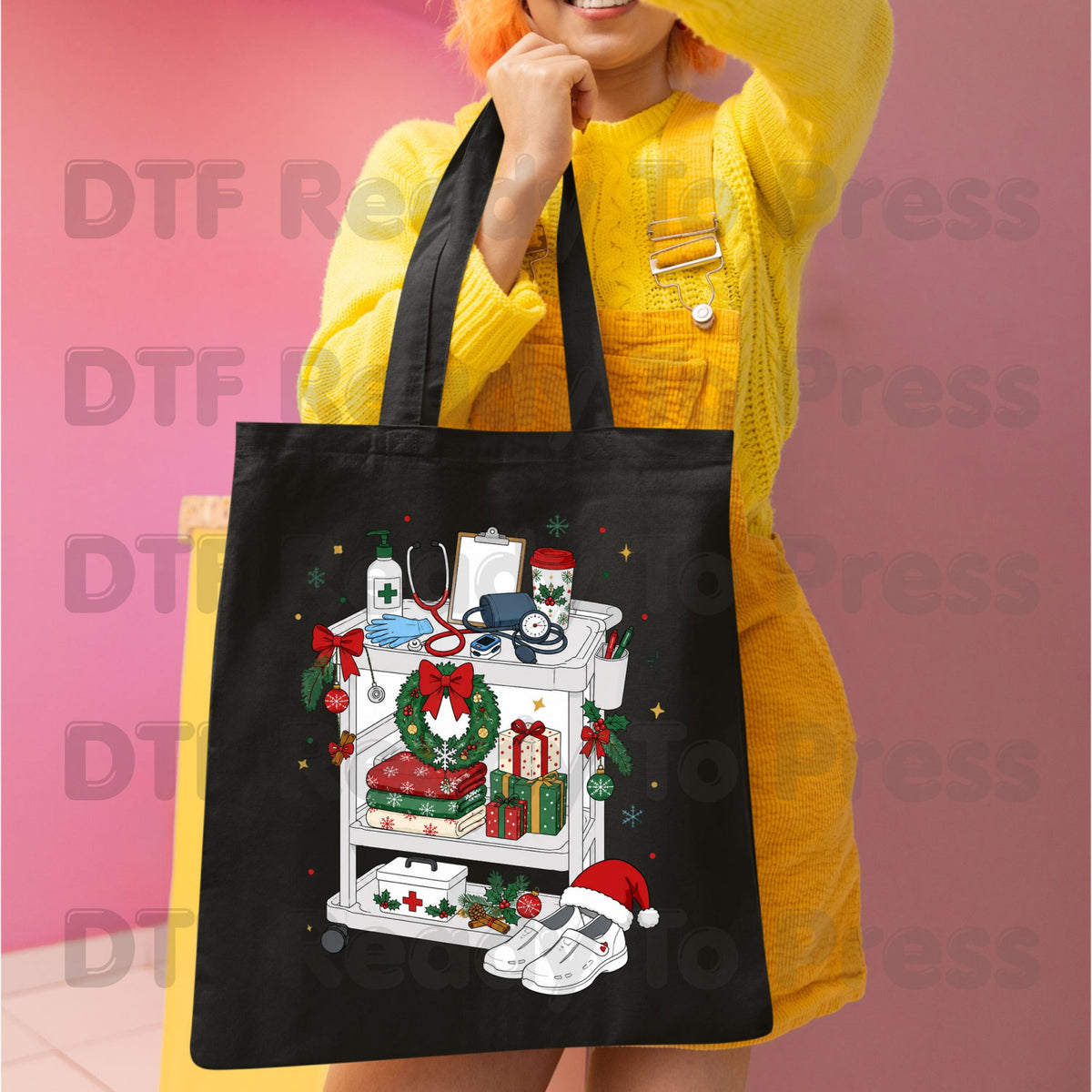 Christmas Nurse Cart DTF Transfers, Holiday Medical Wreath Stethoscope Graphic Ready to Press