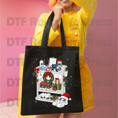 Christmas Nurse Cart DTF Transfers, Holiday Medical Wreath Stethoscope Graphic Ready to Press