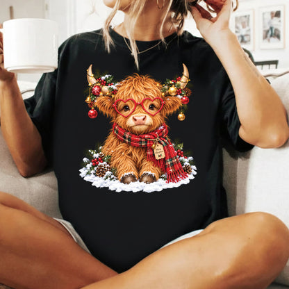 Christmas Highland Cow T-Shirt, Heart Glasses and Scarf Graphic Tee, Cute Holiday Shirt