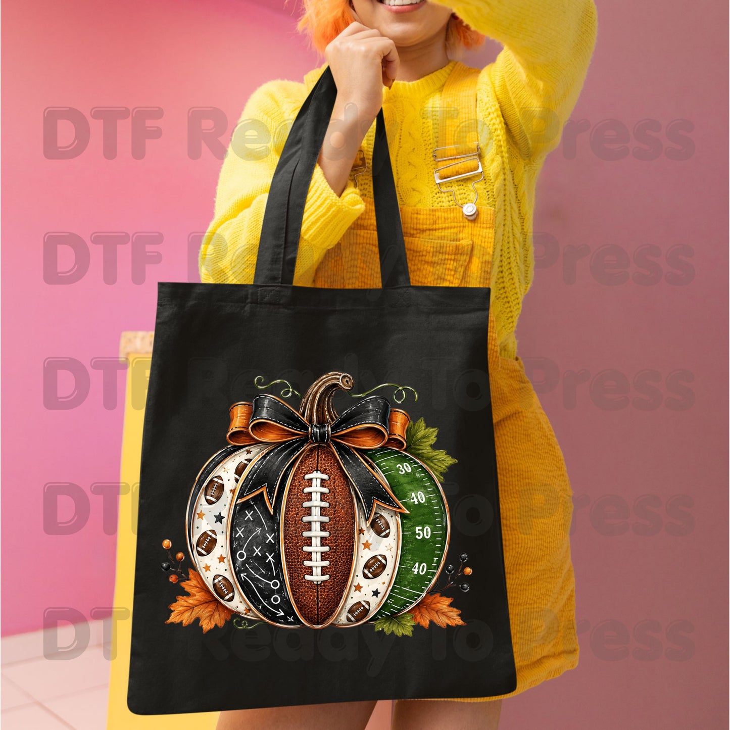 Football Pumpkin Bow DTF Transfers, Fall Game Day Football Field Patchwork Autumn Ready to Press