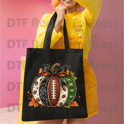 Football Pumpkin Bow DTF Transfers, Fall Game Day Football Field Patchwork Autumn Ready to Press