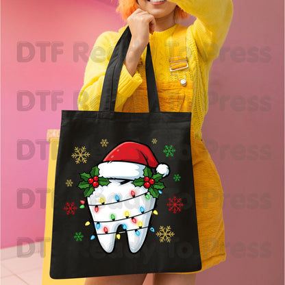 Christmas Tooth Santa Hat DTF Transfers, Dental Holiday Lights Snowflake Festive Ready to Press