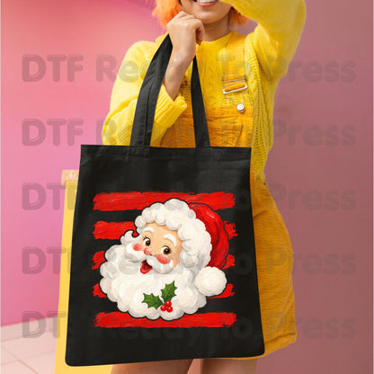 Vintage Santa Claus DTF Transfers, Red Striped Background Festive Christmas Holiday Ready to Press