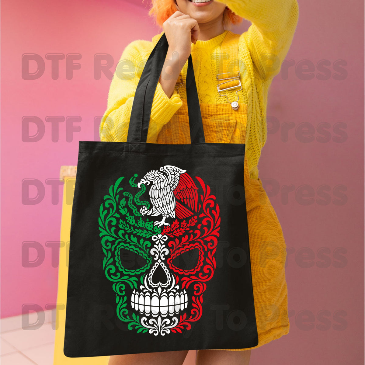 Mexican Flag Sugar Skull DTF Transfers, Eagle Coat of Arms Dia de los Muertos Ready to Press