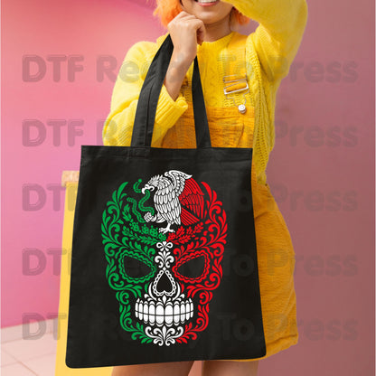 Mexican Flag Sugar Skull DTF Transfers, Eagle Coat of Arms Dia de los Muertos Ready to Press
