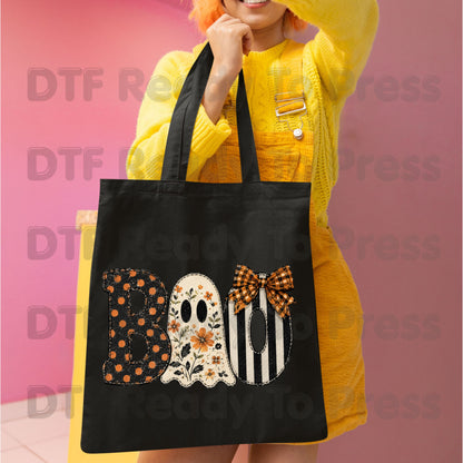 Floral Ghost Halloween DTF Transfers, Boo Orange Polka Dot Coquette Bow Spooky Ready to Press