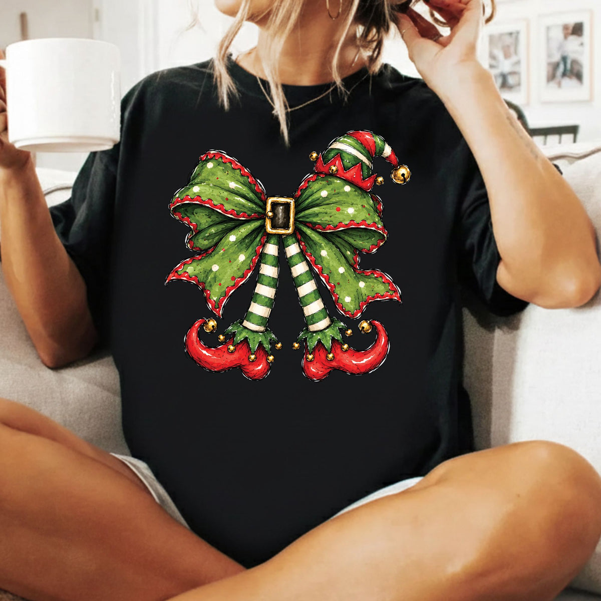Christmas Elf T-Shirt, Green Bow Striped Legs Tee, Cute Holiday Sweatshirt