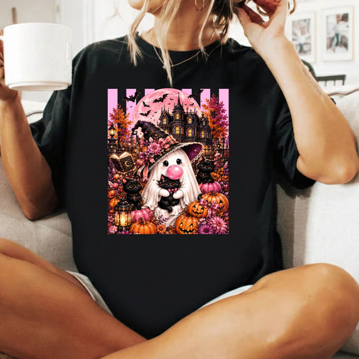 Pink Ghost Halloween T-Shirt, Witch Ghost Bubble Gum Black Cat Spooky Cute Tee for Toddler and Kids