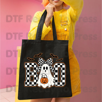 Boo Checkered Bow Ghost DTF Transfers, Halloween Pumpkin Bucket Bats Retro Ready to Press