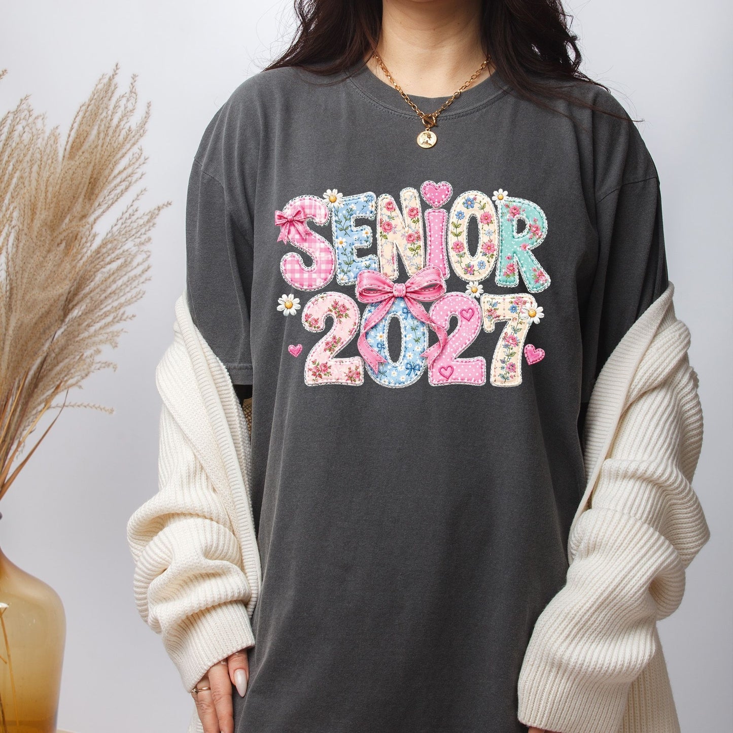 Senior 2027 DTF Transfer Ready to Press Graduation Heat Transfer for Shirts Floral Patchwork Quilted Pink Bow Coquette Graphic Tee