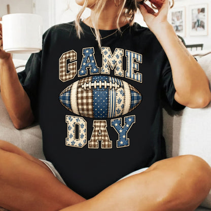Game Day Football T-Shirt, Blue Plaid Patchwork Tee for Toddler and Kids