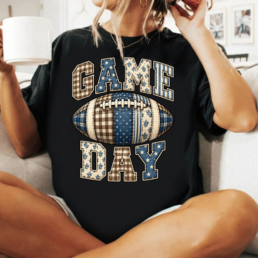 Game Day Football T-Shirt, Blue Plaid Patchwork Tee for Toddler and Kids