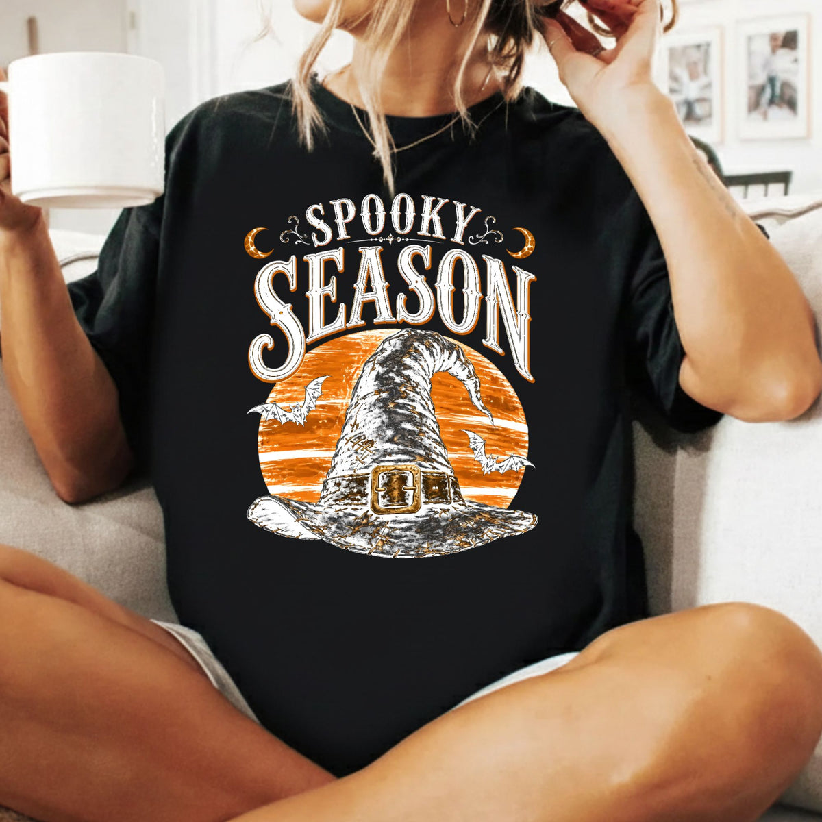 Spooky Season Vintage Witch Hat T-Shirt, Halloween Orange Moon Bats Tee for Toddler and Kids