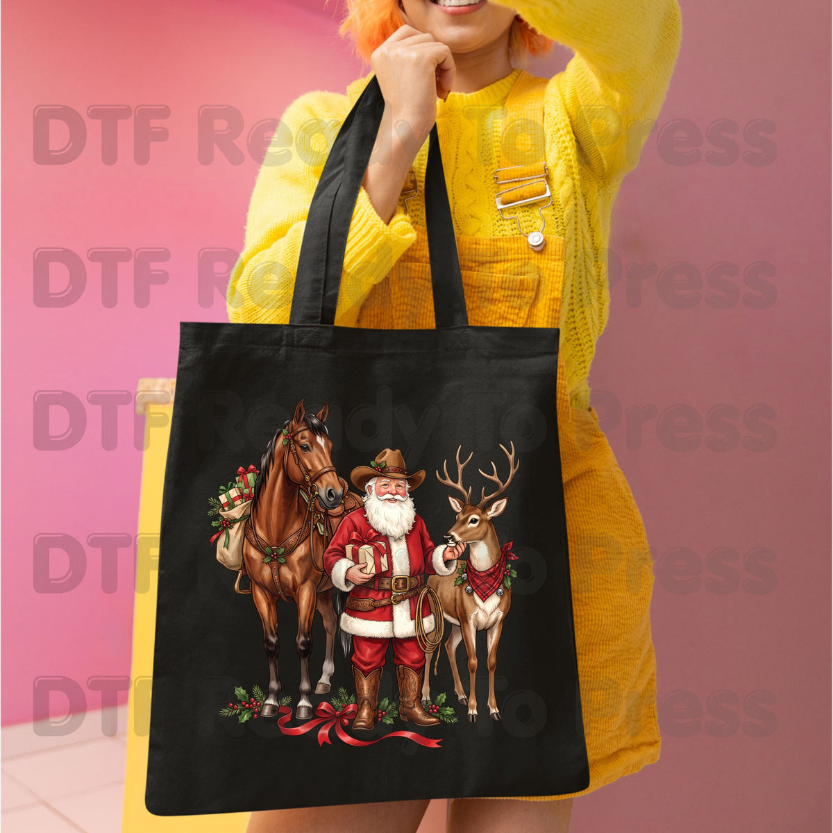 Christmas DTF Transfer, Cowboy Santa with Horse and Reindeer, Western Holiday Graphic