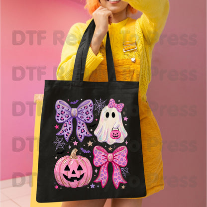 Coquette Halloween Ghost DTF Transfers, Pink Pumpkin Leopard Bow Spooky Cute Ready to Press