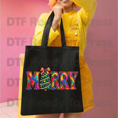 Merry Christmas Tree DTF Transfers, Colorful Painted Christmas Holiday Ready to Press