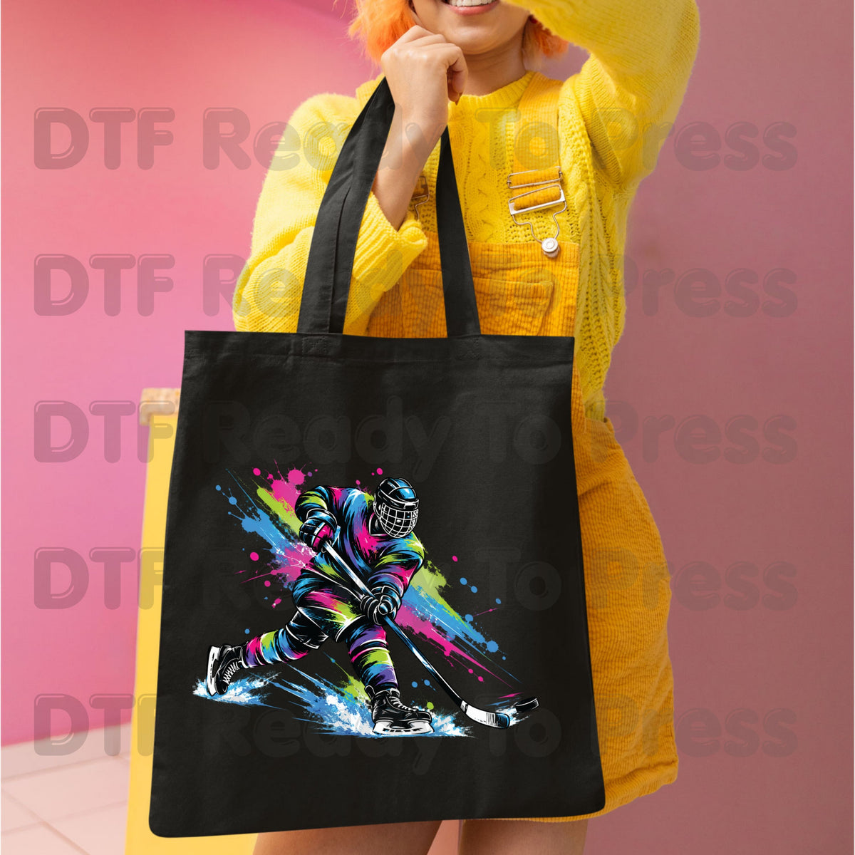 Hockey DTF Transfer, Colorful Ice Hockey Player with Paint Splatter Graphic