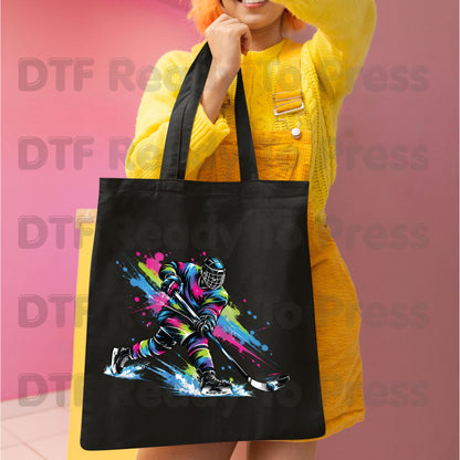 Hockey DTF Transfer, Colorful Ice Hockey Player with Paint Splatter Graphic