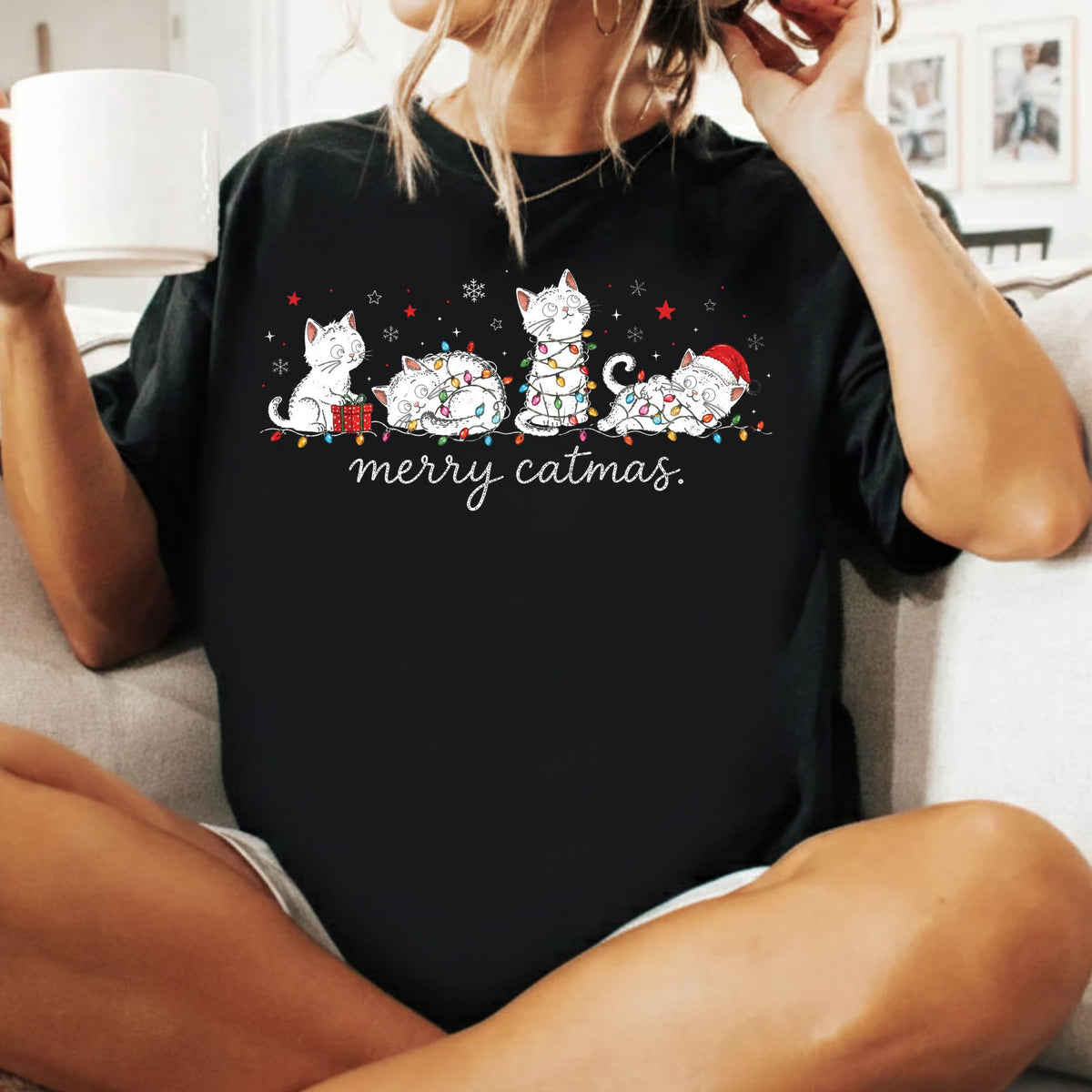 Merry Catmas T-Shirt, Cute Kitten Christmas Lights Tee, Festive Cat Sweatshirt