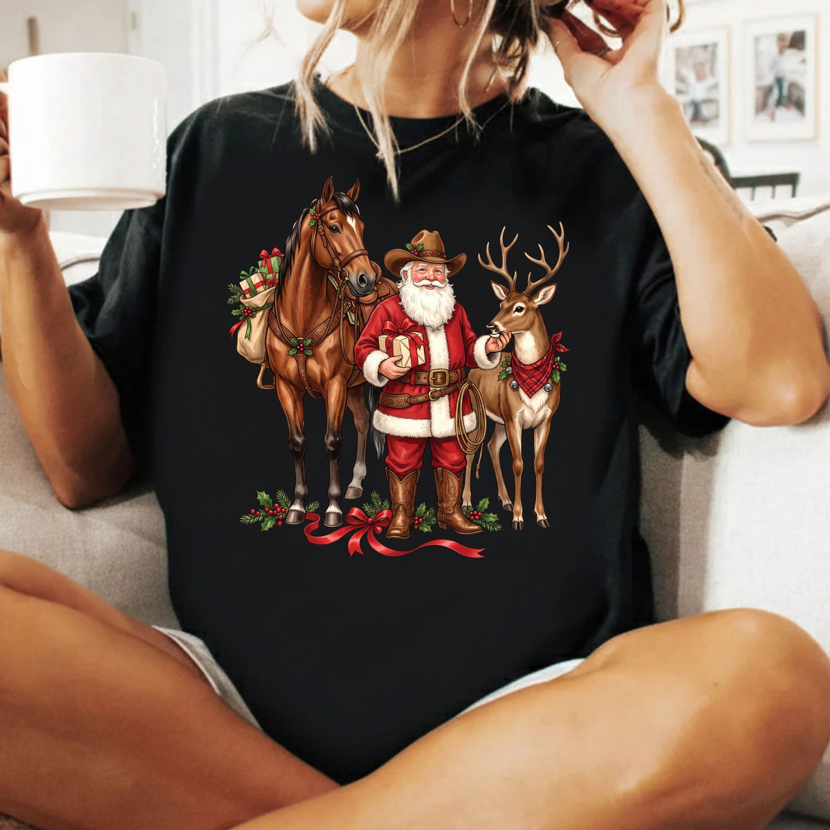 Cowboy Santa Christmas T-Shirt, Western Santa with Horse and Reindeer Graphic Tee, Country Holiday Shirt