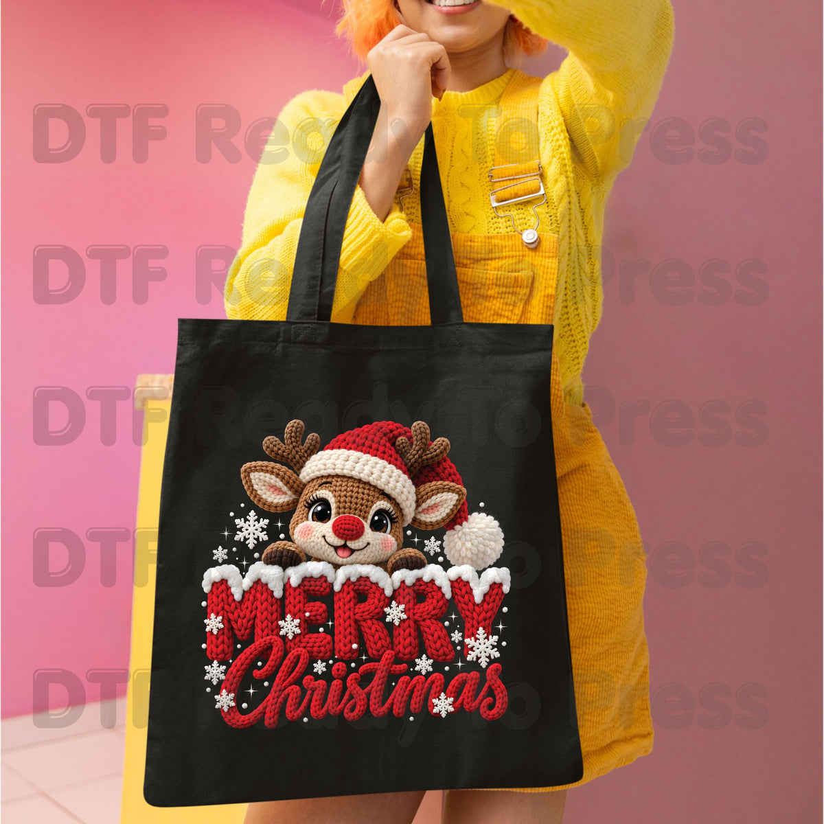 Christmas DTF Transfer, Cute Reindeer Santa Hat, Knitted Letters