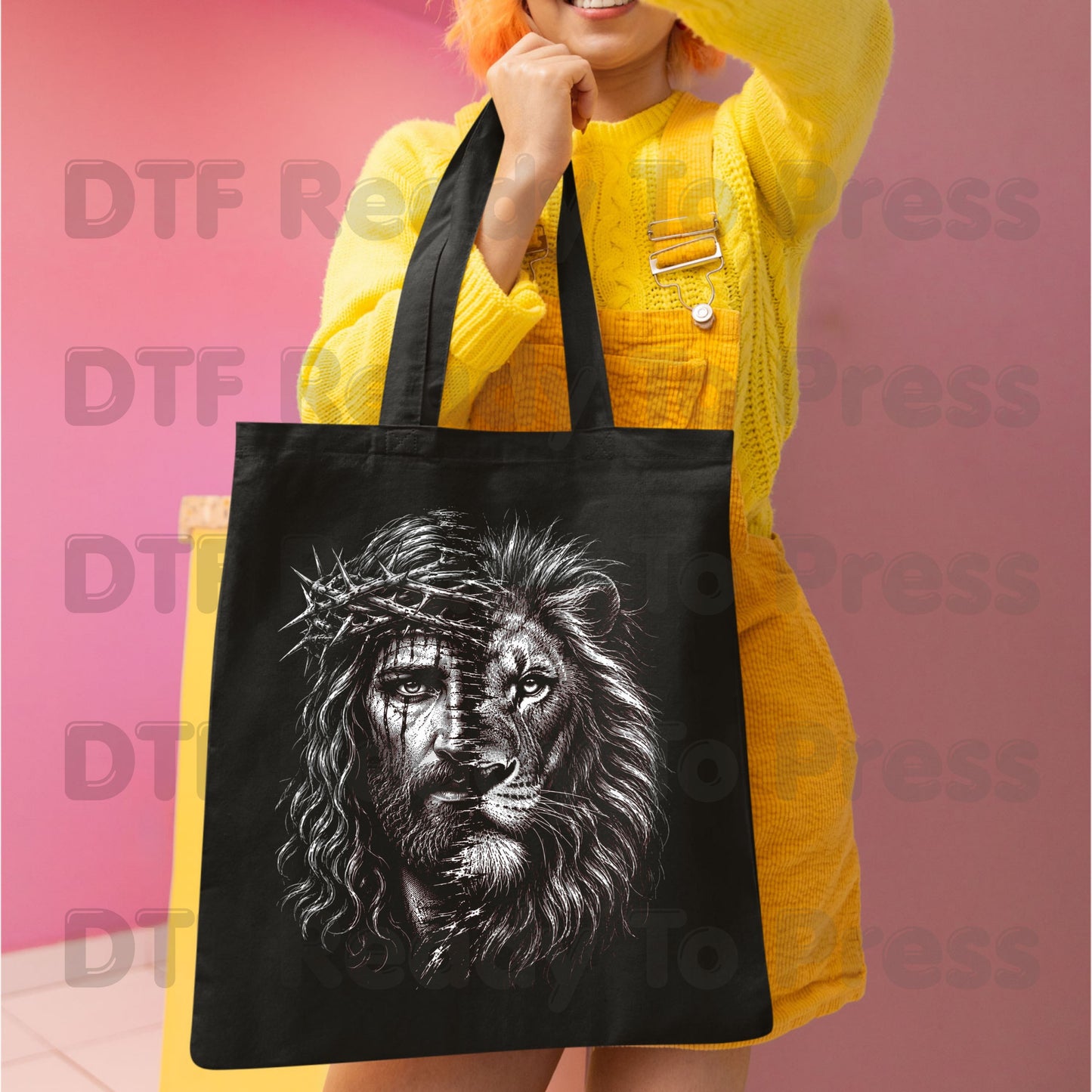 Lion and Jesus DTF Transfers, Lion of Judah Crown of Thorns Christian Faith Sketch Ready to Press