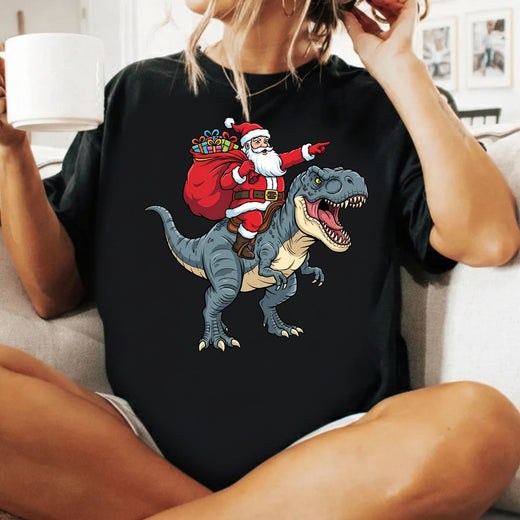 Santa Riding T-Rex Christmas T-Shirt, Funny Dinosaur Xmas Graphic Kids Tee