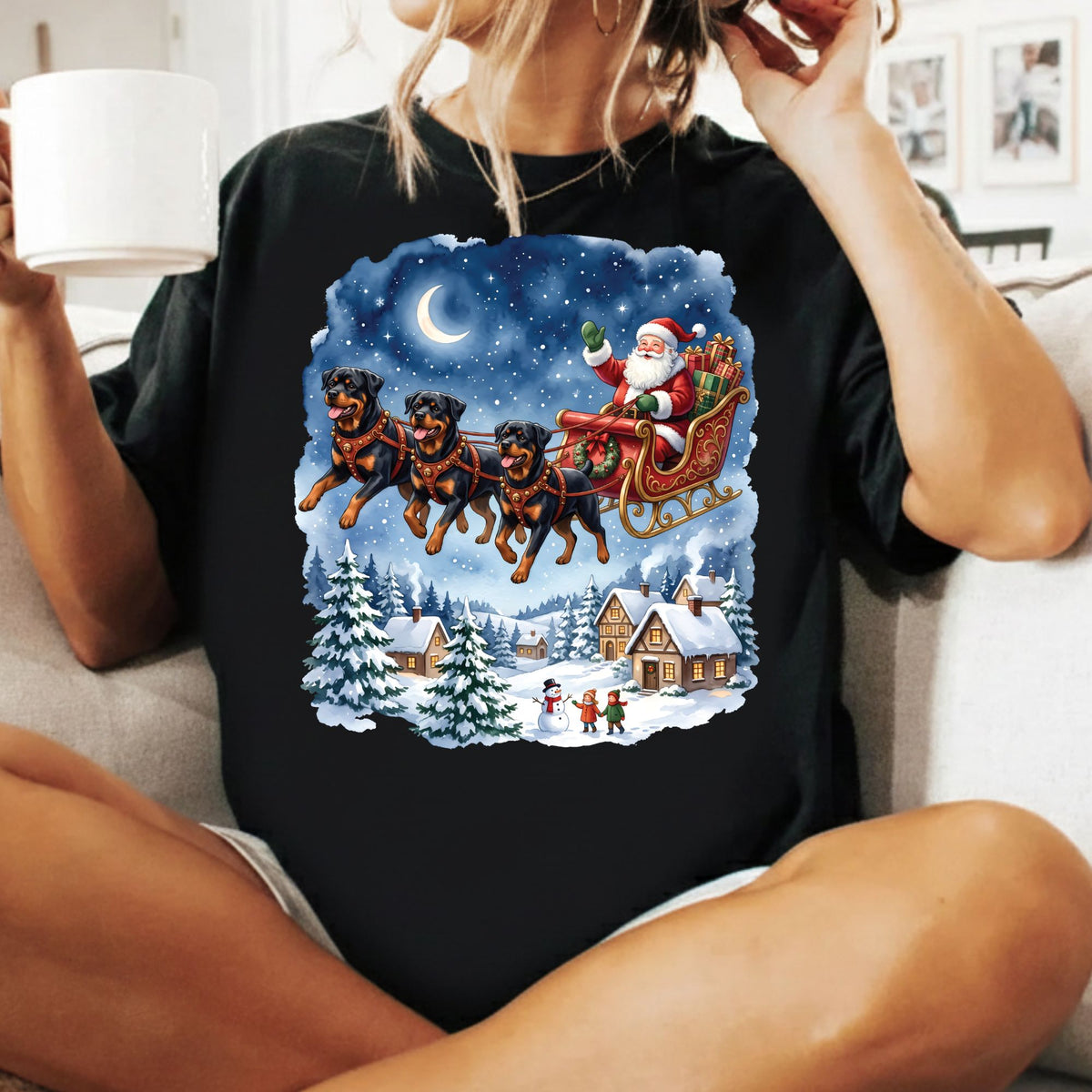 Rottweiler Christmas T-Shirt, Santa Sleigh with Flying Dogs Graphic Tee, Funny Dog Lover Holiday Shirt