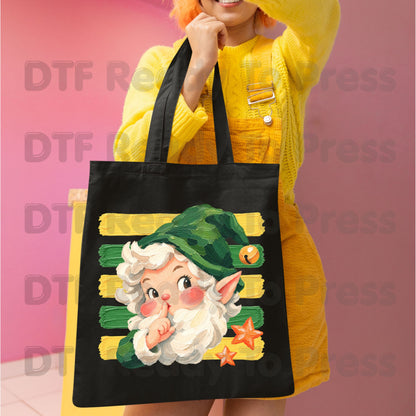 Vintage Shushing Gnome DTF Transfers, Elf Yellow Green Stripes Cute Christmas Holiday Ready to Press