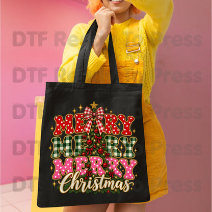 Merry Merry Christmas Tree DTF Transfers, Plaid Polka Dot Pink Holiday Ready to Press