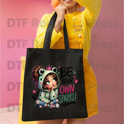 Be Your Own Sparkle Frog Girl DTF Transfers, Cute Crown Stars Kids Ready to Press