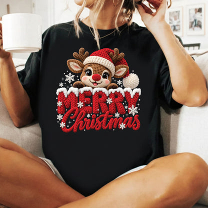 Cute Reindeer Christmas T-Shirt, Santa Hat Knitted Lettering Tee, Cozy Holiday Sweatshirt