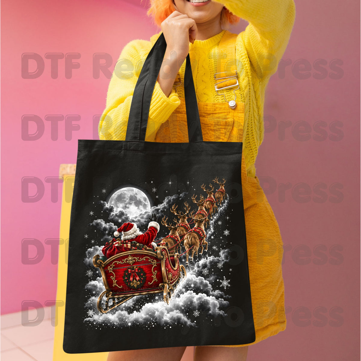Santa Sleigh DTF Transfers, Flying Night Full Moon Vintage Reindeer Christmas Ready to Press