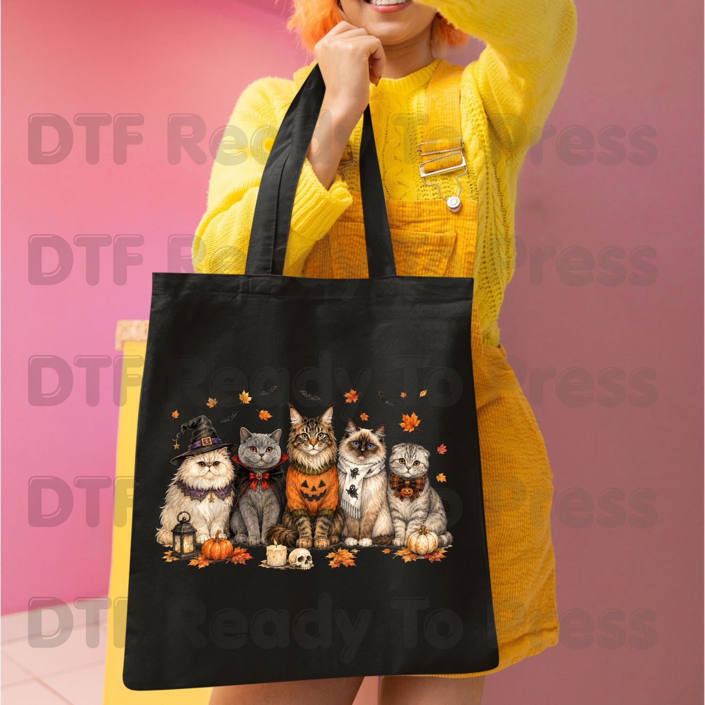 Halloween Cats DTF Transfer Ready to Press Witch Vampire Pumpkin Maine Coon Ragdoll Heat Transfer For Shirts Spooky Cat Gang Full Color