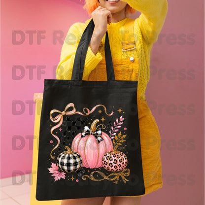 Pink Coquette Fall Pumpkin DTF Transfers, Leopard Plaid Ribbon Bow Checkered Autumn Ready to Press