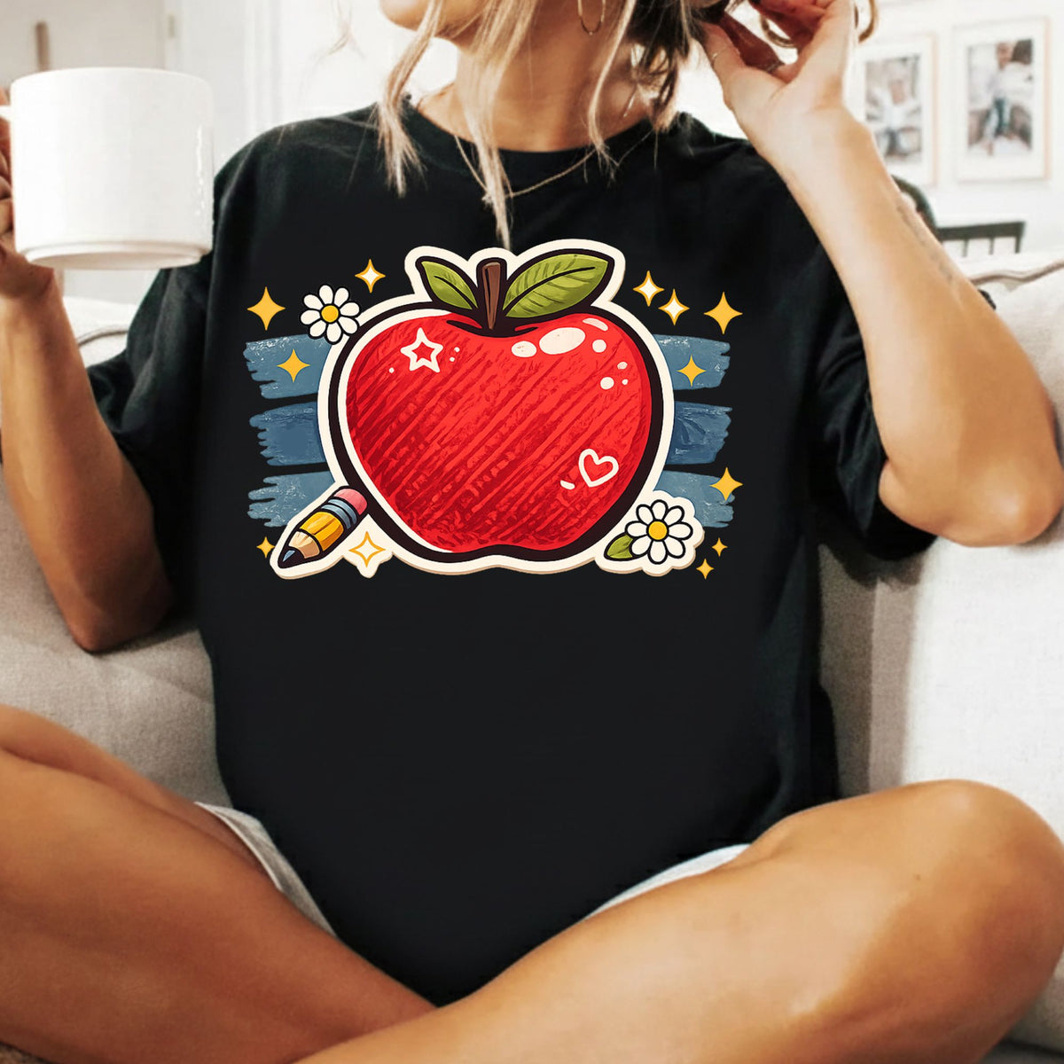 Teacher Retro Red Apple Pencil T-Shirt, Cute Daisy Sparkle Back to School Tee