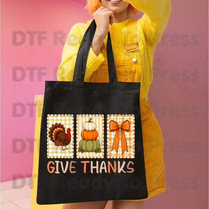 Thanksgiving DTF Transfer Ready to Press Give Thanks Turkey Stacked Pumpkins Coquette Bow Heat Transfer Shirts Autumn Clothing