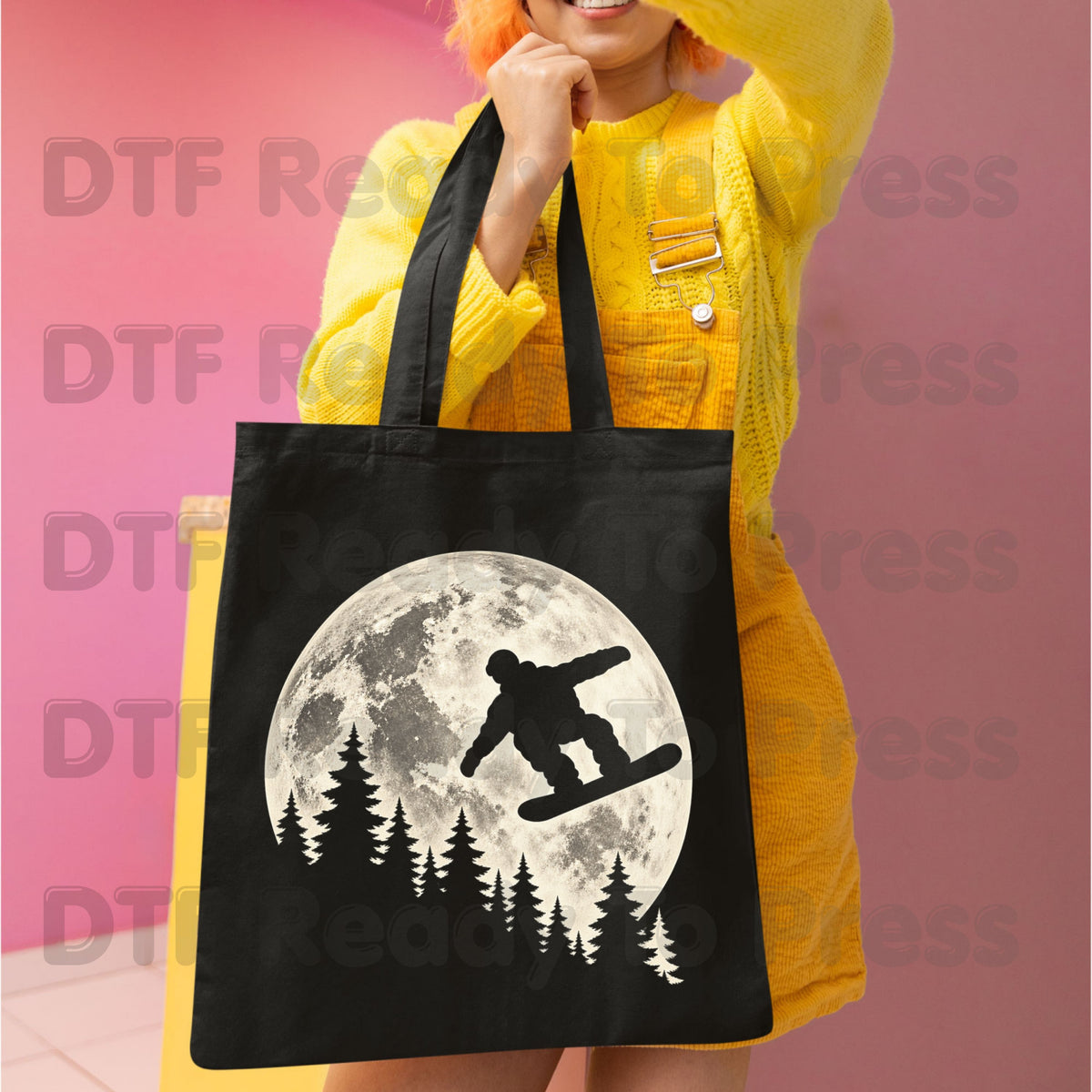 Snowboarding DTF Transfer, Full Moon Snowboarder and Pine Tree Silhouette