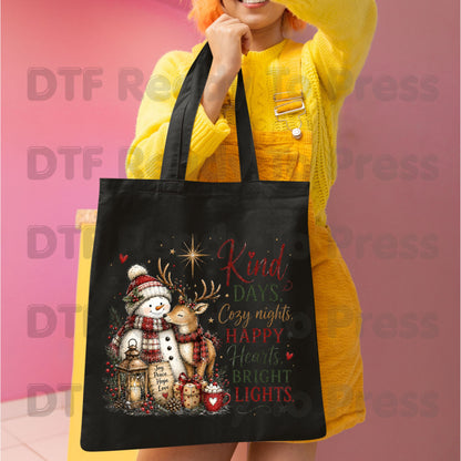 Kind Days Cozy Nights DTF Transfers, Snowman Reindeer Cute Christmas Holiday Ready to Press