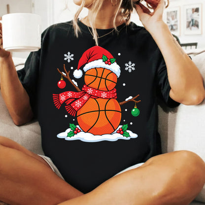 Christmas Basketball Snowman T-Shirt, Santa Hat and Scarf Holiday Sports Graphic Tee
