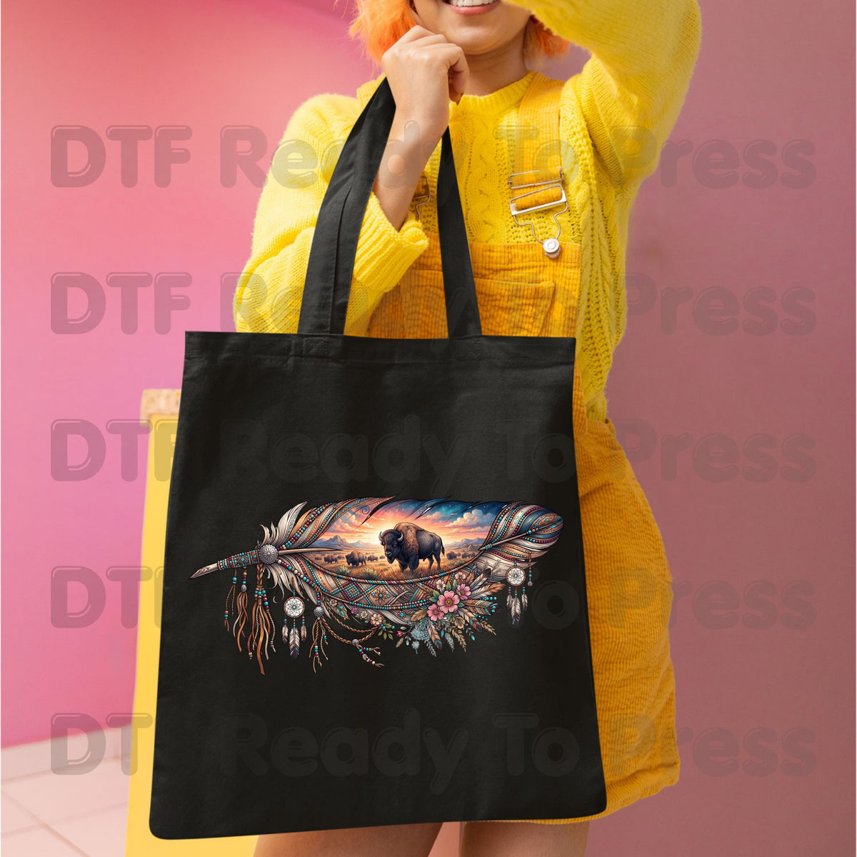 Western Buffalo Feather DTF Transfers, Dreamcatcher Boho Bison Tribal Sunset Ready to Press