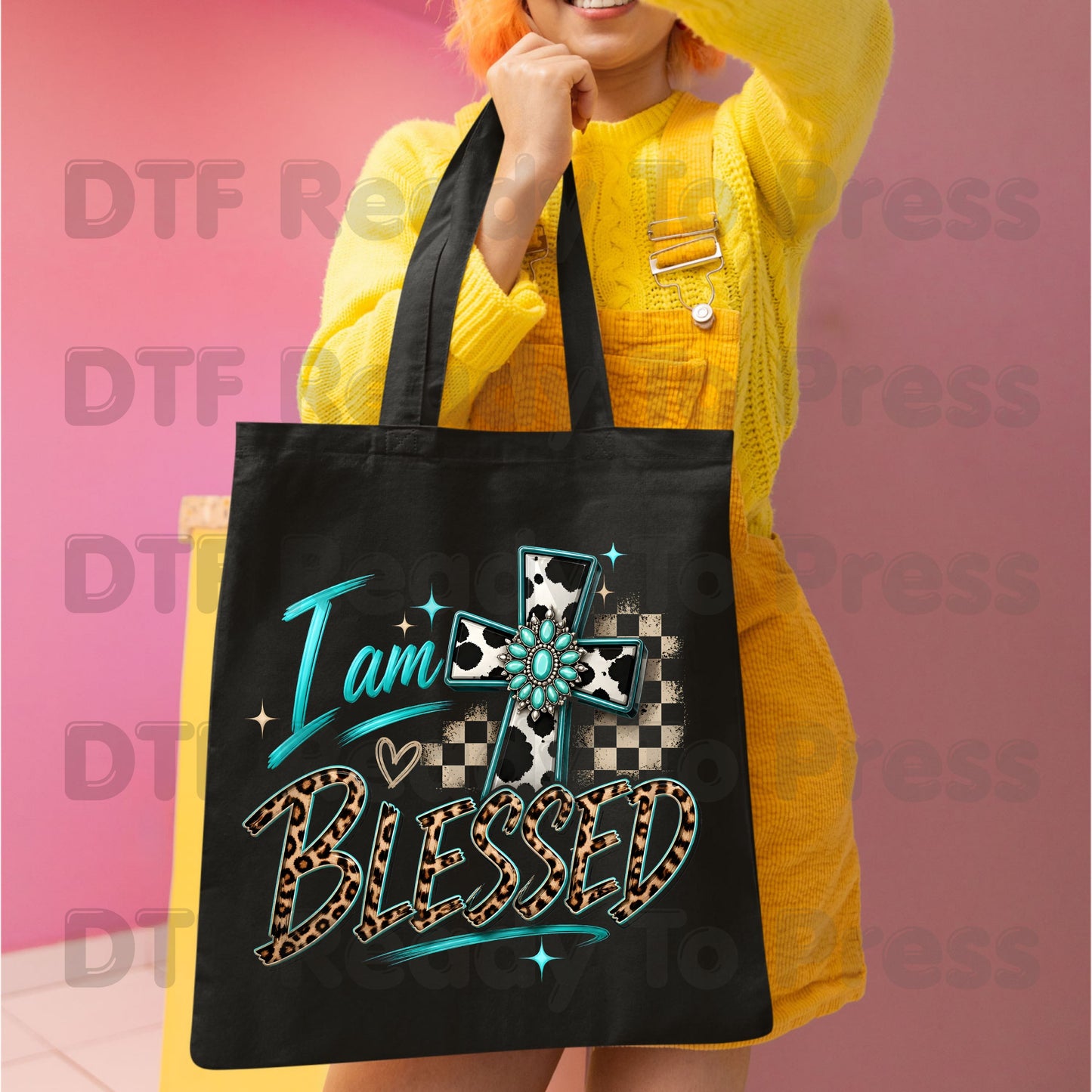 I Am Blessed DTF Transfers, Western Cross Cow Print Turquoise Leopard Faith Ready to Press