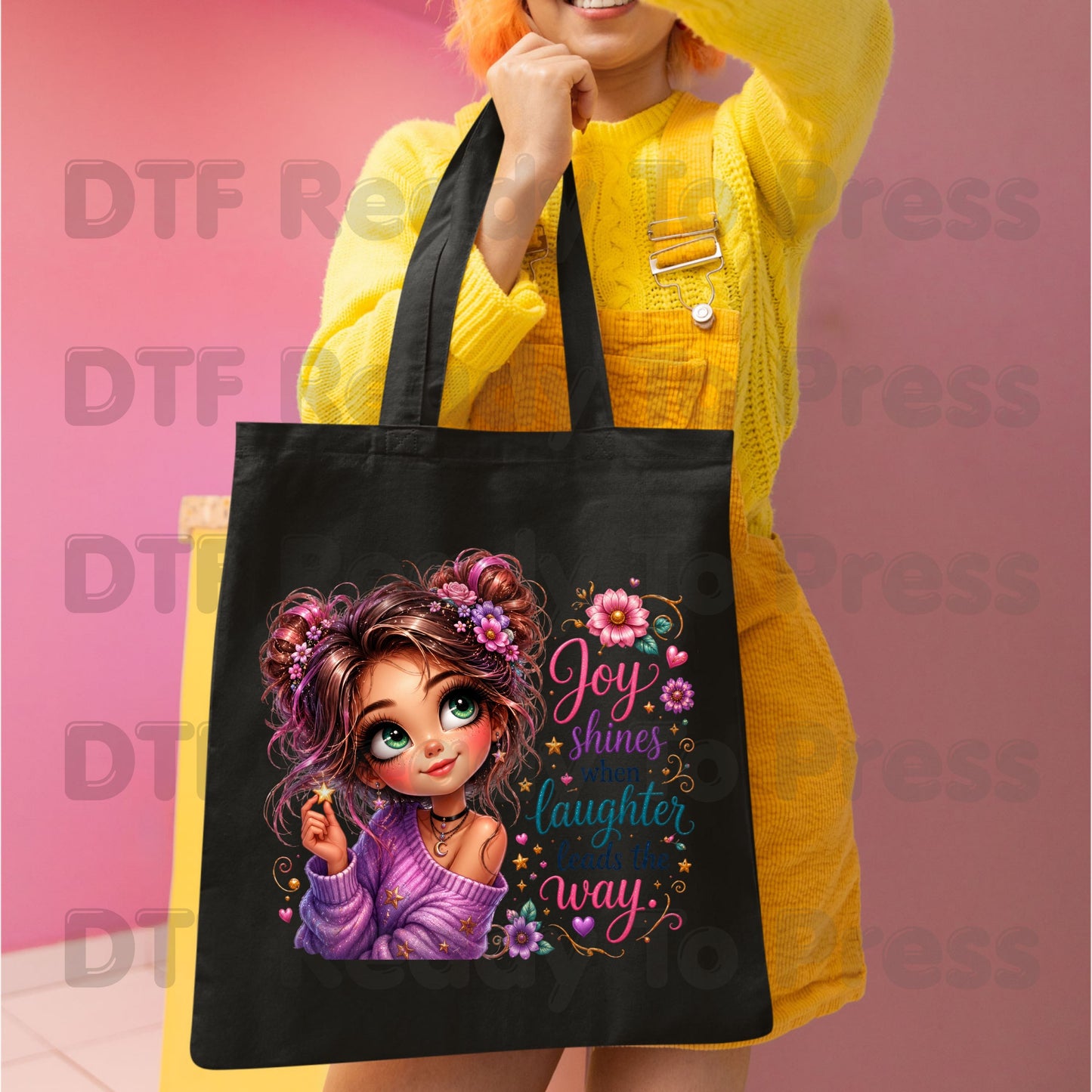 Joy Shines Laughter DTF Transfers, Cute Space Buns Girl Floral Quote Ready to Press