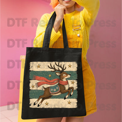 Vintage Christmas Reindeer DTF Transfers, Flying Reindeer Scarf Retro Winter Ready to Press