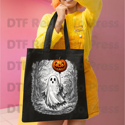 Vintage Halloween Ghost DTF Transfers, Pumpkin Balloon Spooky Forest Retro Ready to Press