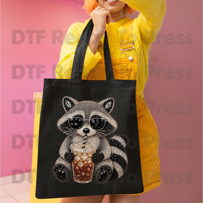 Cool Raccoon DTF Transfers, Sunglasses Iced Coffee Trash Panda Rhinestone Ready to Press