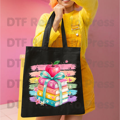 Coquette Stacked Books DTF Transfers, Apple Ribbon Colorful Teacher Brushstrokes Ready to Press