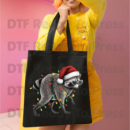 Christmas Raccoon DTF Transfers, Santa Hat Trash Panda Holiday Lights Ready to Press